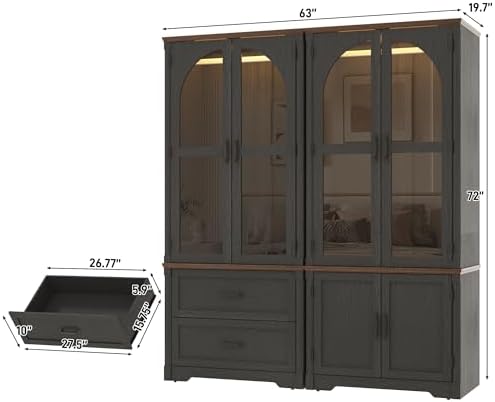 Tall Farmhouse 4 Doors Armoire Wardrobe Closet with LED ,72" Freestanding Arched Wardrobe Closet Cabinet for Bedroom w Glass Doors/Drawers,Wooden Clothing Storage Cabinet,Closets for Bedroom(Black)