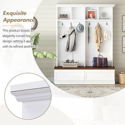 Merax Wood Hall Tree Entryway Bench with 6 Hooks, Farmhouse Mudroom Versatile Coat Racks with 2 Large Drawers Entrance Organizer for Hallway White
