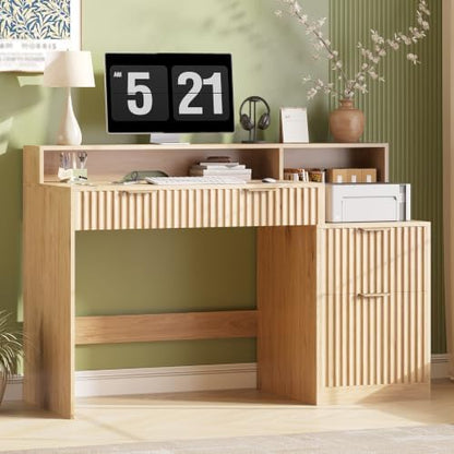 Vabches Fluted Computer Desk with Power Outlets, Home Office Desk with Drawers, Printer Stand, Wood Computer Desk with Long Monitor Stand, Oak