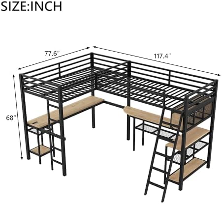Twin Size L-Shaped Loft Bed with Desk and LED Lights, Black