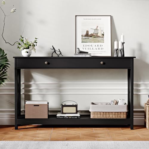 Treocho 47" Farmhouse Console Table with Drawer and Storage Shelves, Foyer Sofa Table Narrow for Entryway, Living Room, Hallway, Black