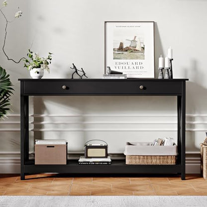 Treocho 47" Farmhouse Console Table with Drawer and Storage Shelves, Foyer Sofa Table Narrow for Entryway, Living Room, Hallway, Black