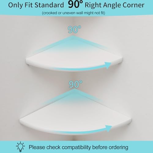 Corner Shelves, White Floating Corner Shelf, Set of 2 12inch Solid Oak Wood Wall Shelves, Round End Wall Mount with Wire Hole for Small Plant for Bedroom Kitchen, Living Room