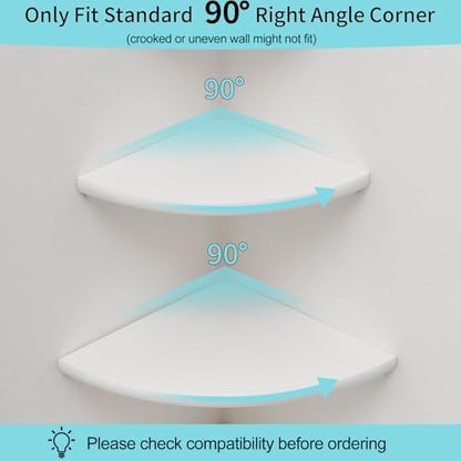 Corner Shelves, White Floating Corner Shelf, Set of 2 12inch Solid Oak Wood Wall Shelves, Round End Wall Mount with Wire Hole for Small Plant for Bedroom Kitchen, Living Room