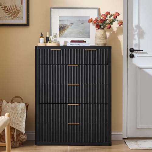LEYAOYAO Fluted 6 Drawers Dresser for Bedroom, 42" Tall Modern Chest of Drawers with Metal Handle, Curved Profile Design,Black Wood Drawer Organizer for Bedroom, Living Room, Hallway, Entryway
