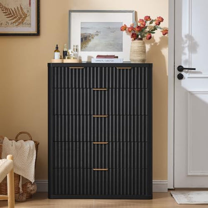 LEYAOYAO Fluted 6 Drawers Dresser for Bedroom, 42" Tall Modern Chest of Drawers with Metal Handle, Curved Profile Design,Black Wood Drawer Organizer for Bedroom, Living Room, Hallway, Entryway