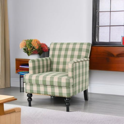 Christopher Knight Home Eve Modern Upholstered Club Chair, Wooden Living Room Accent Chair, Comfy Bedroom Reading Chair, Multifunctional Armchair, Green Checkerboard