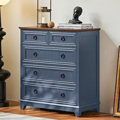 Joaxswe Farmhouse 5 Drawer Dresser for Bedroom Set of 2, 33.2" Tall Small Dressers & Chest of Drawers, Rustic Wood Dresser with Metal Handle, Storage Organizer Closet for Living Room, Hallway,Entryway