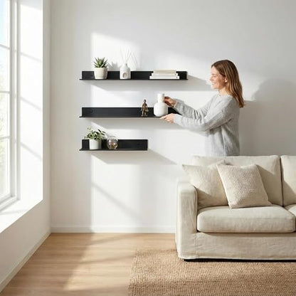 Z metnal Bathroom Shelf, Small Floating Wall Shelves, Decorative Ledge Shelf, Aluminum, Wall Mounted, Matt Black, 20/16/12 inch, 3 Set