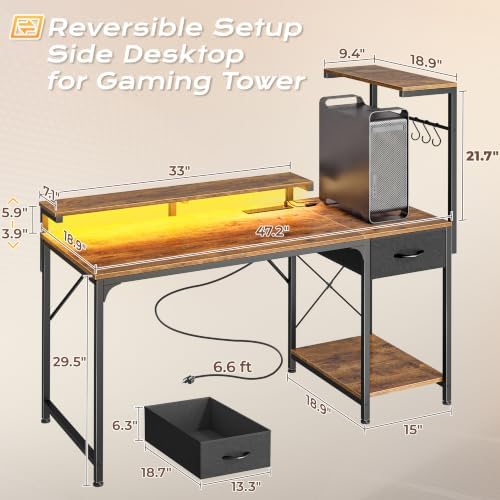 PRAISUN 47.2 Inch Gaming Desk with LED Lights & Power Outlets