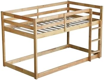 Bunk Bed Twin Over Twin, Floor Bunk Bed with Ladder, Safety Guard Rails, Heavy Duty Wooden Twin Bunk Beds Frame Low Bunkbeds No Box Spring Required, Natural