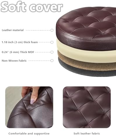 Bsketa Round Storage Ottoman, 14" Folding Leather Foot Rest, Brown 2 Pack