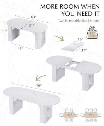 Round Extendable Dining Table, 71"-87" Oval Kitchen Table Storage, White