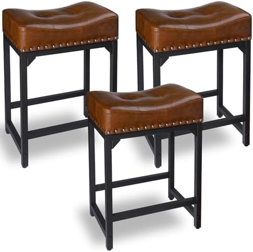 Bar Stools Set of 3, Counter Height Bar Stools for Kitchen Counter, 24 Inch Saddle Backless Barstools Kitchen Stool, Counter Height Stool for Dinning Room, Island-Brown