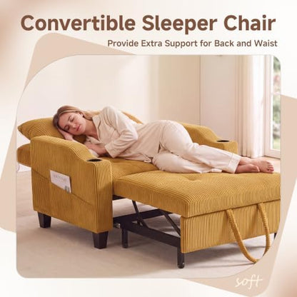 Corduroy Convertible Sleeper Chair, 3 in 1 Sleeper Chair Bed Pull Out Sofa Bed Chair, Single Sofa Bed Adjustable Backrest Chair Bed Sleeper for Adults Reading Living Room, Yellow