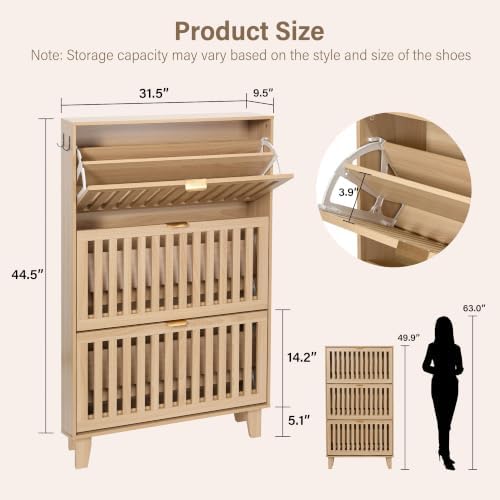 Shoe Cabinet, Slim 3 Flip Drawers for Entryway, Natural