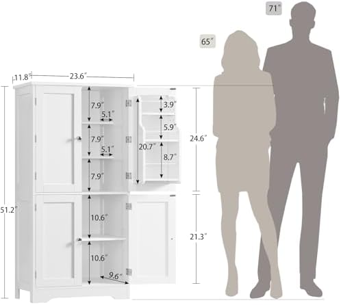 TEENFON Storage Cabinet, Pantry Cabinet with 4 Doors and 3 Storage Shelves, Kitchen Cabinet, Bathroom Storage Cabinet for Living Room, Small Space, Dining Room, 51”H White