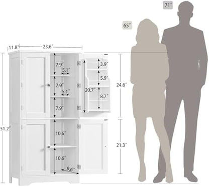 TEENFON Storage Cabinet, Pantry Cabinet with 4 Doors and 3 Storage Shelves, Kitchen Cabinet, Bathroom Storage Cabinet for Living Room, Small Space, Dining Room, 51”H White