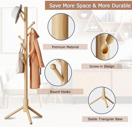 8-Hook Freestanding Coat Rack 3 Heights Safe Round Tips Nature