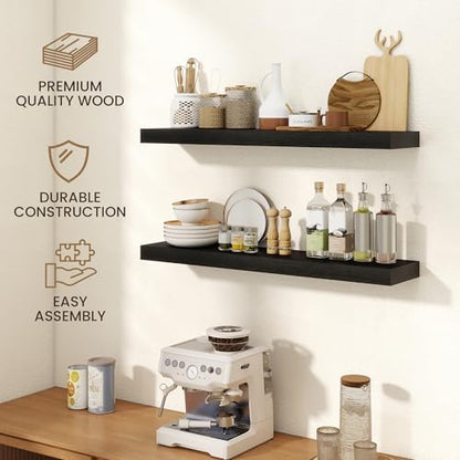FLYJOE 32 Inch Floating Shelves, 6.5 Inch Deep Black Shelves Set of 2