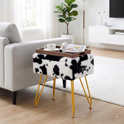 Multifunctional Vanity Stool Chair for Vanity, Padded Seat, Storage Ottoman in Rectangle Fuzzy Fluffy Design, Footrest and 4 Gold Legs for Makeup Room, Bedroom, Living Room, Cow