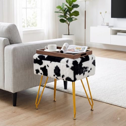 Multifunctional Vanity Stool Chair for Vanity, Padded Seat, Storage Ottoman in Rectangle Fuzzy Fluffy Design, Footrest and 4 Gold Legs for Makeup Room, Bedroom, Living Room, Cow