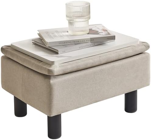 IBUYKE Storage Footstool Ottoman, Linen Fabric Footrest, Linen RF-BD223