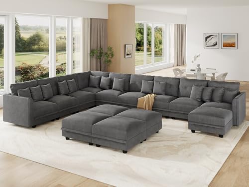 LLappuil 14-Seat Modular Sectional Sofa with Storage, 163" Oversized U-Shaped Corduroy Couch with 10 Throw Pillows, Pet-Friendly Convertible Pit Sofa for Large Spaces, Skin-Friendly, Grey