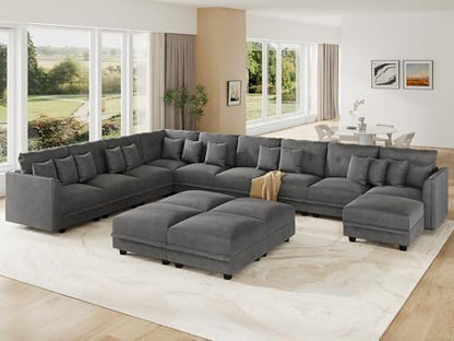 LLappuil 14-Seat Modular Sectional Sofa with Storage, 163" Oversized U-Shaped Corduroy Couch with 10 Throw Pillows, Pet-Friendly Convertible Pit Sofa for Large Spaces, Skin-Friendly, Grey