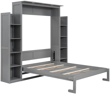 MERITLINE Full Murphy Bed with Storage Shelves and LED Lights, Wood Murphy Wall Bed Cabinet with Bookshelves Bookcase for Home Office Library Grey (Grey A,Full)