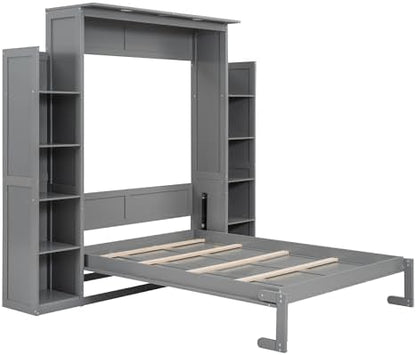 MERITLINE Full Murphy Bed with Storage Shelves and LED Lights, Wood Murphy Wall Bed Cabinet with Bookshelves Bookcase for Home Office Library Grey (Grey A,Full)
