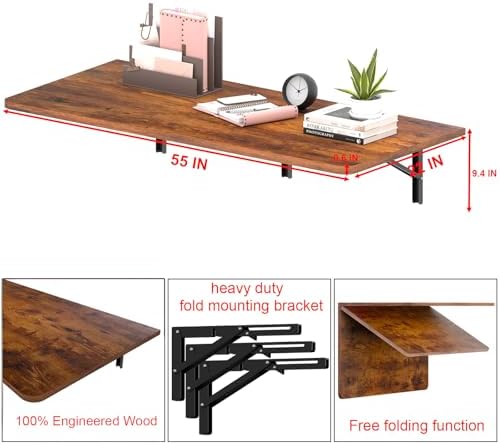 IAE 55x22in Floating Fold Desk,Wall-Mounted Folding Computer Table,Rustic