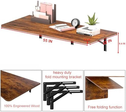 IAE 55x22in Floating Fold Desk,Wall-Mounted Folding Computer Table,Rustic