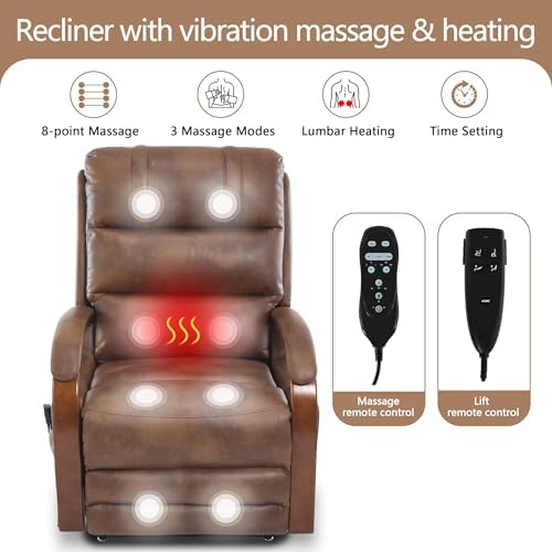 Power Lift Recliner Chair for Elderly People, Dual Motor Lift Chair with Vibration Massage and Heat, Lay Flat Recliner with Solid Wood Armrest, Standing Assistance Reclining, Faux Leather Brown
