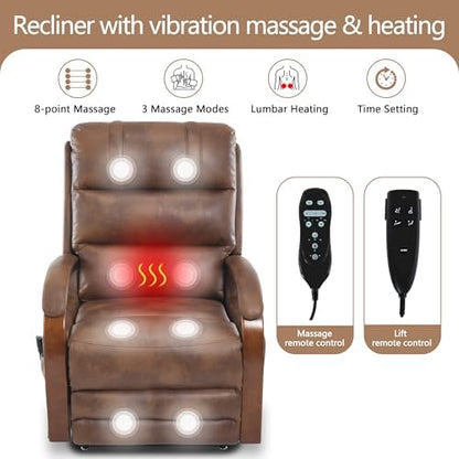 Power Lift Recliner Chair for Elderly People, Dual Motor Lift Chair with Vibration Massage and Heat, Lay Flat Recliner with Solid Wood Armrest, Standing Assistance Reclining, Faux Leather Brown