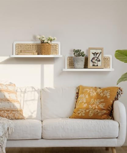 White Rattan Wall Shelf, Boho Floating Shelves, 16 Inch