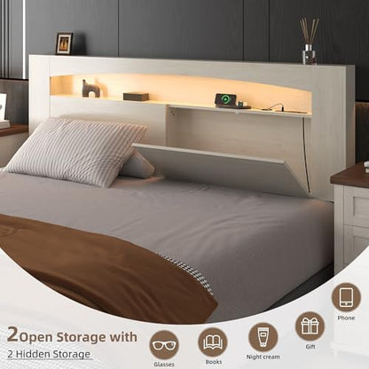 King Size Wooden Headboard Only with Storage(Off-White, King)