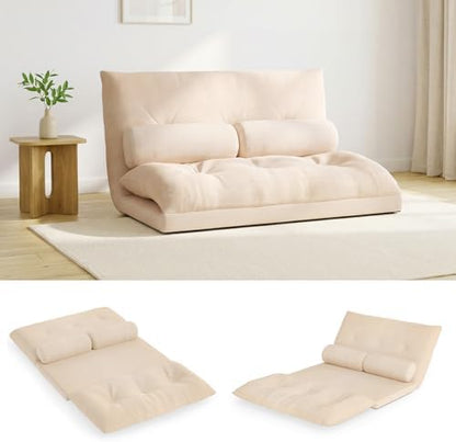 GIANTEX Adjustable Floor Sofa Couch with 2 Pillows, Multi-Functional 6-Position Foldable Lazy Sofa Sleeper Bed, Multi-Functional Suede Floor Seating for Reading Gaming (Beige)