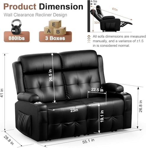 Loveseat Recliner, Oversized Reclining Loveseat, Massage Reclining Sofa With USB & Type C Port & Storage & Cup Holders, Recliner Couch, RV Wall Hugger Recliners Loveseats for Living Room & RV Camper