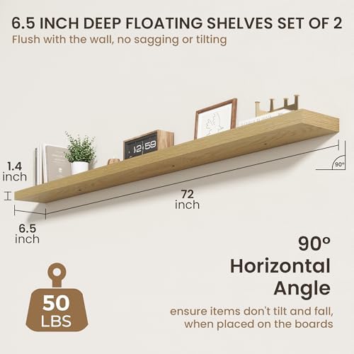 FLYJOE 72 Inch Floating Shelves, 6.5 Inch Deep Oak Shelves Set of 2
