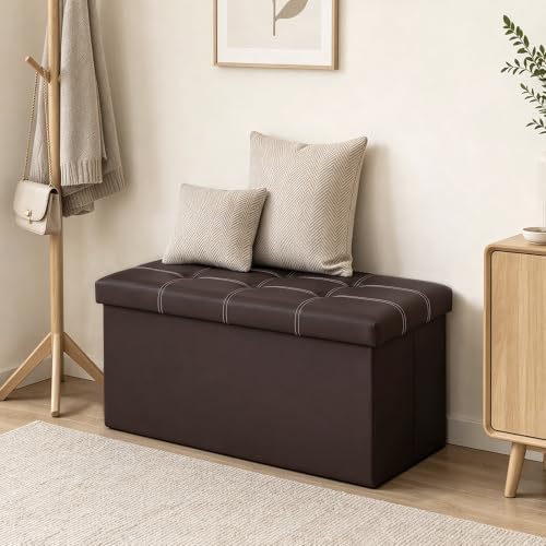 30 Inches Folding Storage Ottoman Bench, Faux Leather Footstool Ottoman, Storage Trunk Footrest for Bedroom, Living Room and Hallway, Support 350lbs, Brown (White line)