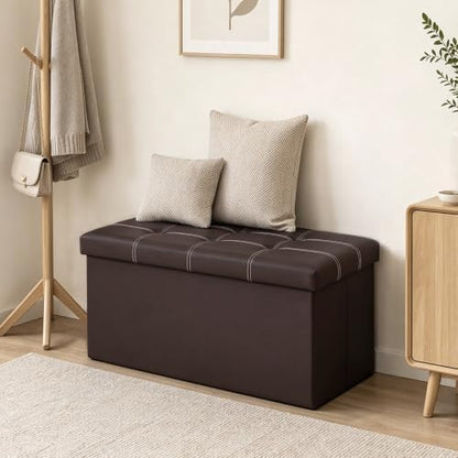 30 Inches Folding Storage Ottoman Bench, Faux Leather Footstool Ottoman, Storage Trunk Footrest for Bedroom, Living Room and Hallway, Support 350lbs, Brown (White line)