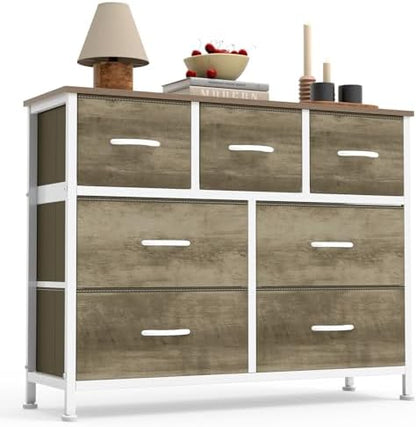 Sweetcrispy 7 Drawer Dresser for Bedroom Storage with Fabric Bins, Oak