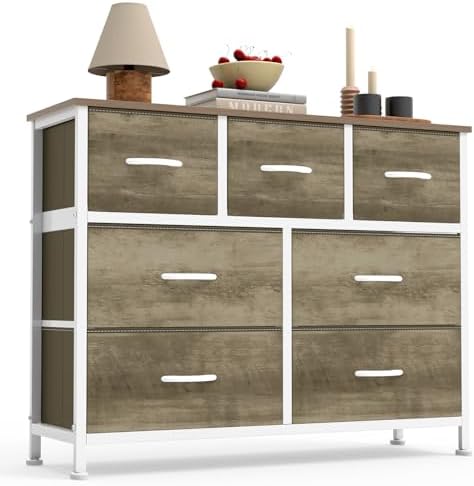 Sweetcrispy 7 Drawer Dresser for Bedroom Storage with Fabric Bins, Oak