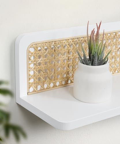 White Rattan Wall Shelf, Boho Floating Shelves, 16 Inch