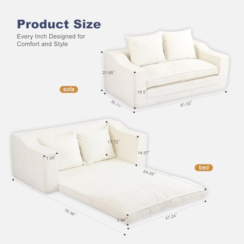 61" Boneless Loveseat Sleeper, Folding Sofa Bed with Corduroy Cover, Beige
