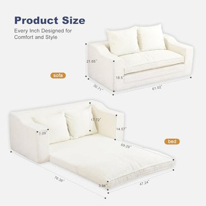 61" Boneless Loveseat Sleeper, Folding Sofa Bed with Corduroy Cover, Beige