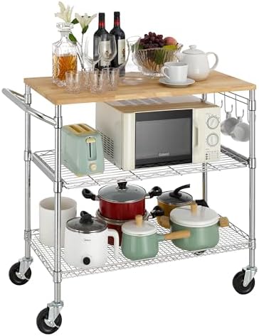 Finnhomy 3-Tier Rolling Kitchen Cart with 18" D x 36" W Oak Wood Tabletop, Kitchen Island Cart with 4" Wheels and Slider Shelf, Microwave Cart & Coffee Cart with Hooks for Dining Room, Chrome