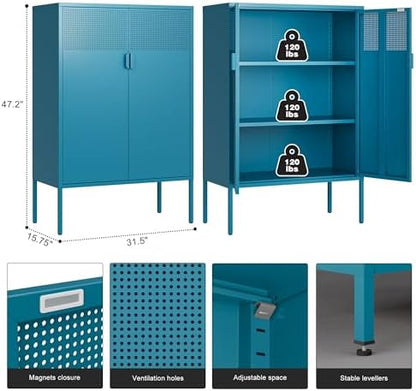 Ustamio Blue Metal Storage Cabinet - 3 Tier Steel Office Storage Cabinet with Doors and Shelves for Home, Office and Kitchen
