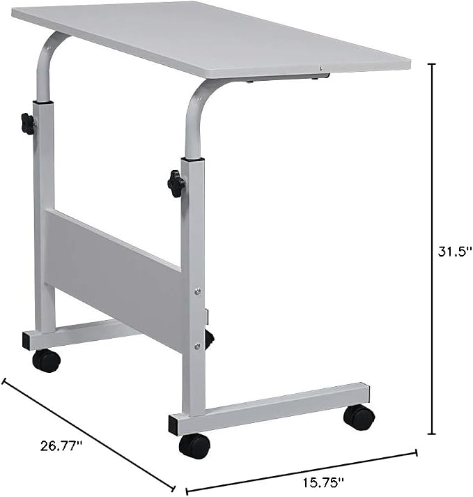 Standing Desk - Side Table Adjustable Height, Portable Laptop Cart, C-Shaped Bed Couch end Tables with Edge Stopper - Wheels for Living Room Bedroom Walking Pad Treadmill 31.5Inch White